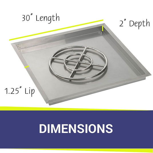 Dimensions of American Fire Products 30 Inch Square Stainless Steel Drop-In Pan with 18 Inch Stainless Steel Ring Burner