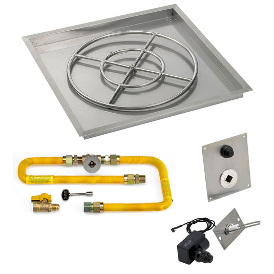 American Fire Products 30 inch square stainless steel drop-in fire pit pan with 24 inch fire pit ring burner and natural gas spark ignition kit