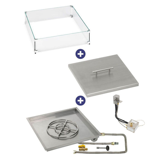 American Fire Products 30 inch square stainless steel drop-in fire pit pan with AWEIS electronic ignition system 18 inch ring burner natural gas bundle with flame guard and burner cover