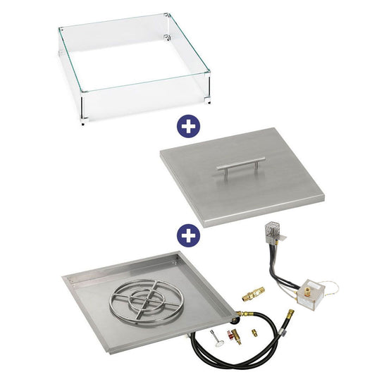 American Fire Products 30 inch square stainless steel drop-in fire pit pan with 18 inch ring burner AWEIS electronic ignition system whole house propane bundle with flame guard and cover