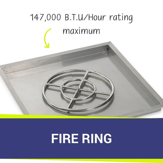 American Fire Products 30 inch square drop-in fire pit pan with spark ignition kit and 18 inch fire pit ring featuring 147000 BTU per hour maximum heat rating stainless steel burner system for outdoor fire pits