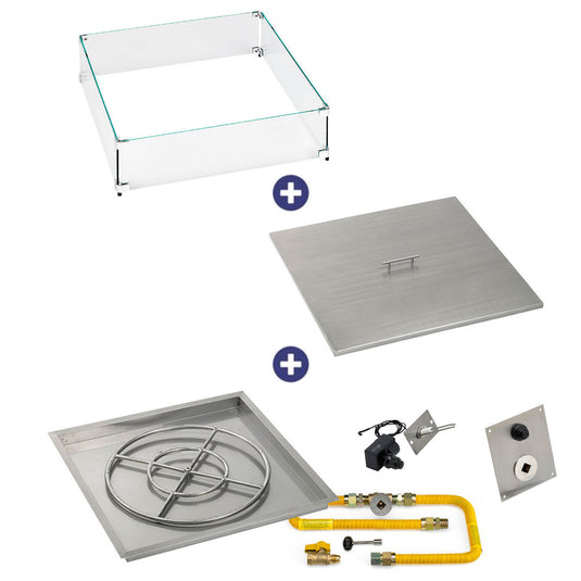 American Fire Products 30 inch square drop-in fire pit pan with 24 inch ring burner spark ignition kit natural gas bundle with flame guard and burner cover