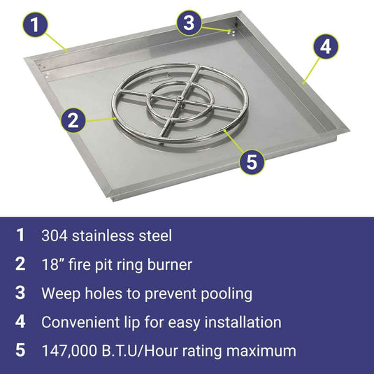American Fire Products 30 inch stainless steel square drop-in fire pit pan with 18 inch fire ring burner featuring 304 stainless steel construction, built-in weep holes, convenient installation lip, and 147000 BTU maximum heat output