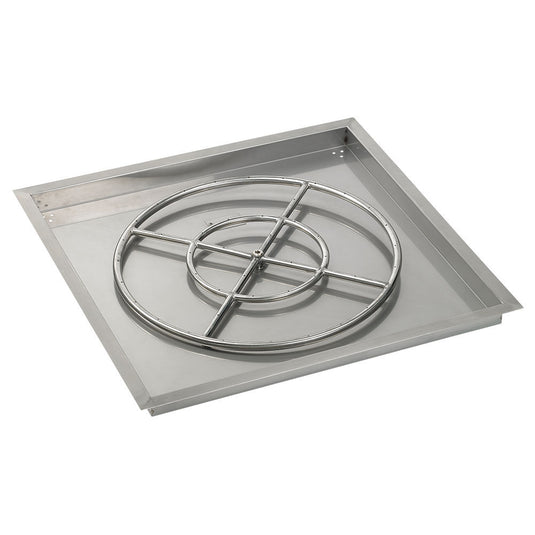 American Fire Products 30 inch square stainless steel drop-in fire pit pan with 24 inch stainless steel fire pit ring burner for custom outdoor fire pits