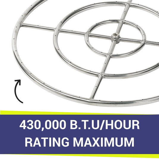 American Fire Products 30-inch Triple-Ring Stainless Steel Burner with up to 430,000 BTU/hour maximum heat output for powerful natural gas or propane outdoor fire pit performance