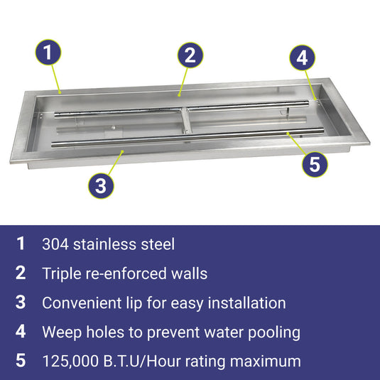 American Fire Products 30 inch x 10 inch stainless steel rectangular drop-in fire pit pan featuring 304 stainless steel construction, triple reinforced walls, convenient installation lip, weep holes to prevent water pooling, and 125,000 BTU maximum heat output.