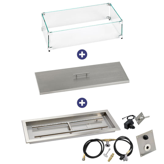 American Fire Products 30 inch x 10 inch Rectangular Drop-In Fire Pit Pan with Spark Ignition Kit Propane Bundle with flame guard and stainless steel burner cover