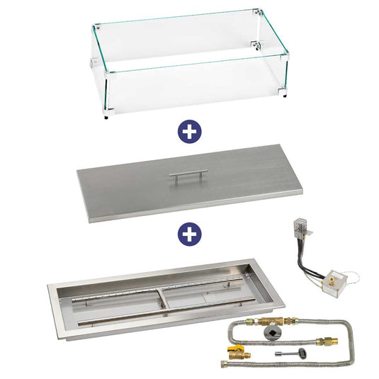 American Fire Products 30 inch x 10 inch Rectangular Stainless Steel Drop-In Fire Pit Pan with AWEIS System Natural Gas Bundle with flame guard and burner cover