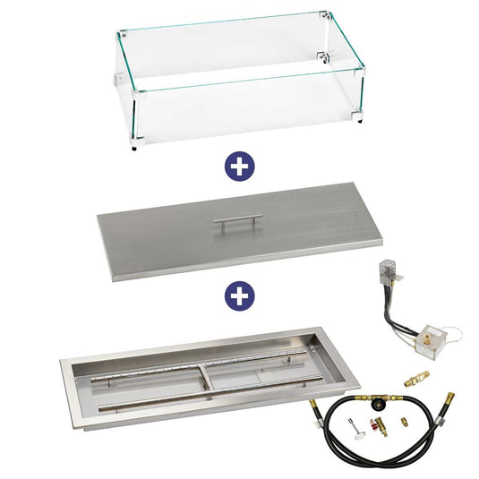 American Fire Products 30 inch x 10 inch Rectangular Stainless Steel Drop-In Fire Pit Pan with AWEIS System Whole House Propane Bundle with flame guard and burner cover