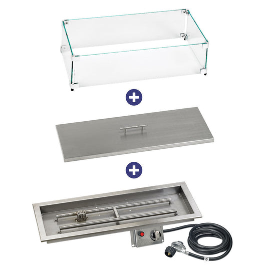 American Fire Products 30 inch x 10 inch rectangular stainless steel drop-in fire pit pan with CSA certified electric ignition system bundle with flame guard and burner cover