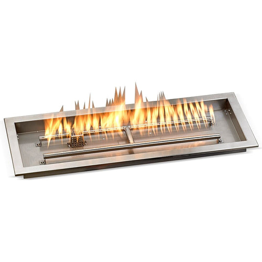 American Fire Products 30 inch by 10 inch stainless steel linear drop-in fire pit pan CSA certified electric ignition system showing active flame output across linear burner for outdoor gas fire feature