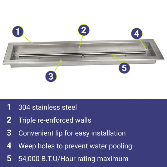 American Fire Products 30 inch x 6 inch stainless steel linear drop-in fire pit pan featuring 304 stainless steel construction, triple reinforced walls, installation lip, weep holes, and 54000 BTU maximum heat output
