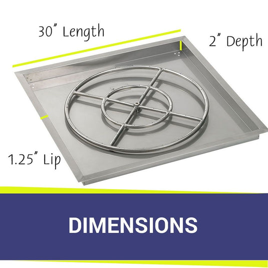 Dimensions of American Fire Products 30 inch square drop-in pan with 24 inch ring burner showing size