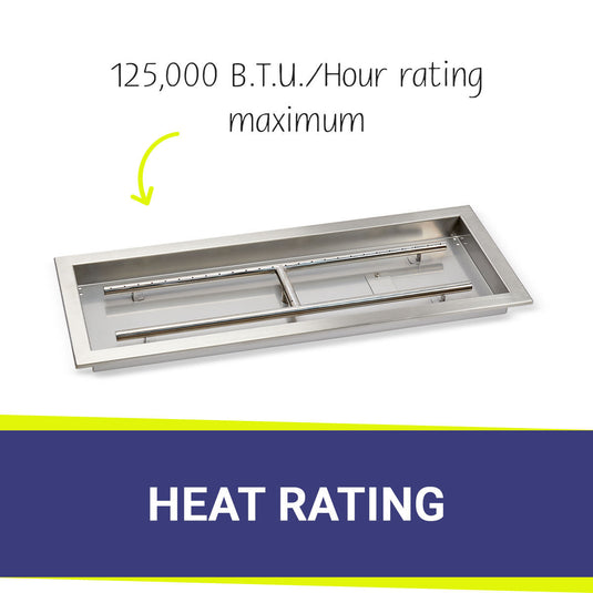 American Fire Products 30x10 rectangular drop-in fire pit pan with 125000 BTU per hour maximum heat rating stainless steel burner system for outdoor fire pits