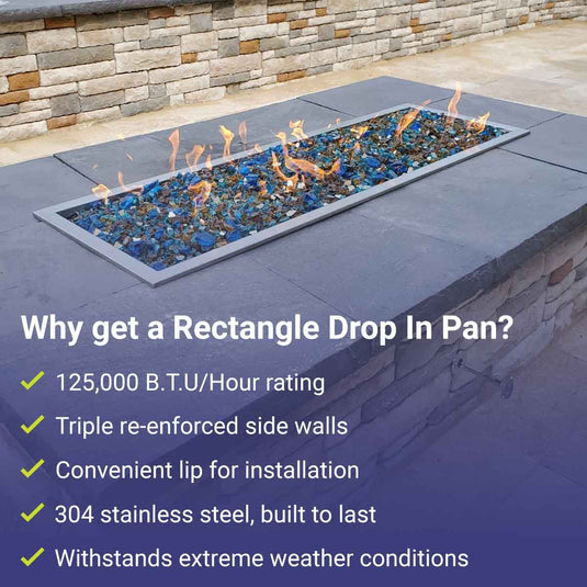 American Fire Products 30 x 10 inch stainless steel rectangular drop-in fire pit pan featuring 125,000 BTU maximum heat output, 304 stainless steel construction, triple reinforced side walls, convenient installation lip, and extreme weather resistance.