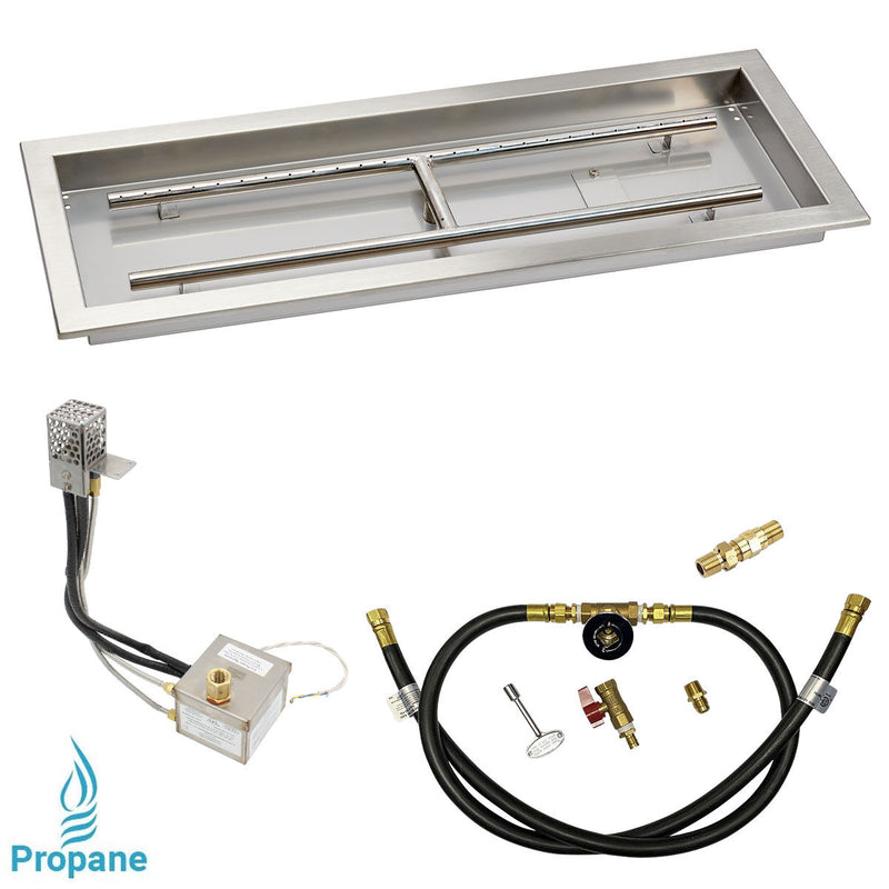 Load image into Gallery viewer, American Fire Products 30 x 10 rectangular stainless steel drop-in pan with AWEIS system and built-in H-burner for whole house propane outdoor fire pit installation
