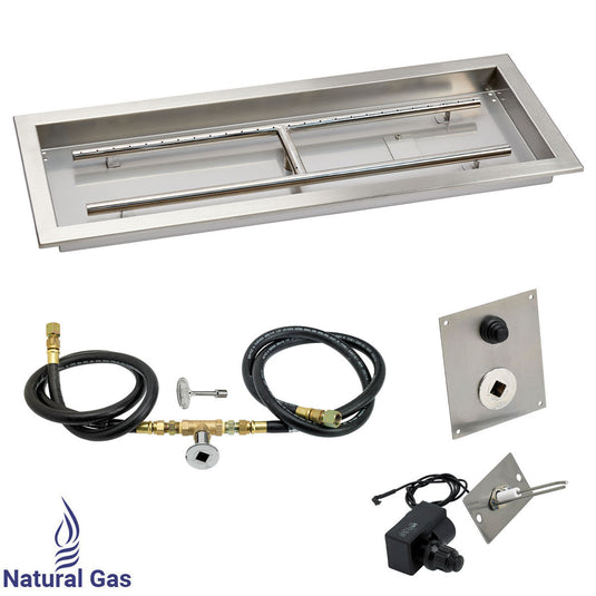 American Fire Products 30 x 10 inch rectangular stainless steel drop-in fire pit pan with natural gas spark ignition kit featuring built-in H-burner and chrome key valve