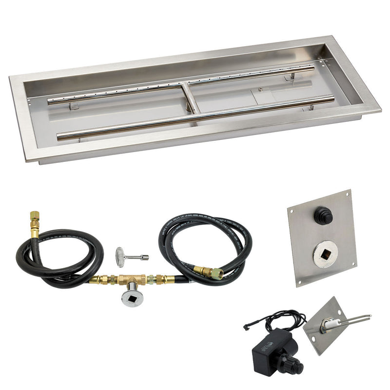 Load image into Gallery viewer, American Fire Products 30 x 10 inch rectangular stainless steel drop-in fire pit pan with natural gas spark ignition kit featuring built-in H-burner and chrome key valve
