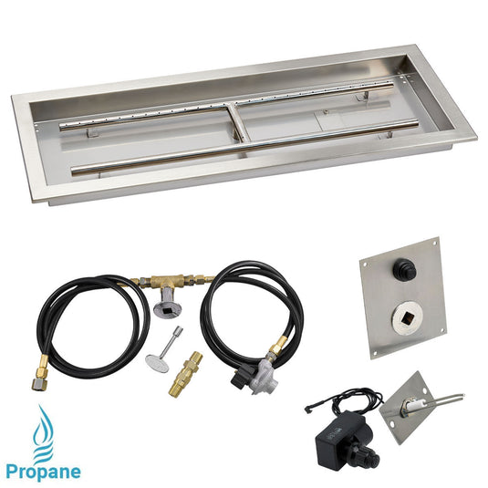 American Fire Products 30 x 10 inch rectangular stainless steel drop-in fire pit pan with spark ignition kit propane built-in H-burner and chrome key valve