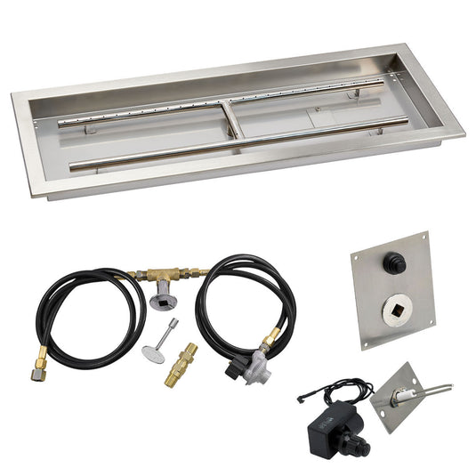 American Fire Products 30 x 10 inch rectangular stainless steel drop-in fire pit pan with spark ignition kit propane built-in H-burner and chrome key valve