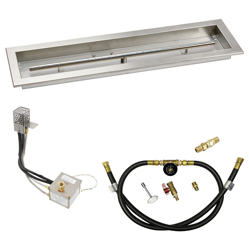 Load image into Gallery viewer, American Fire Products 30 x 6 stainless steel linear channel drop-in pan with AWEIS electronic ignition system and built-in T-burner for whole house propane outdoor fire pits
