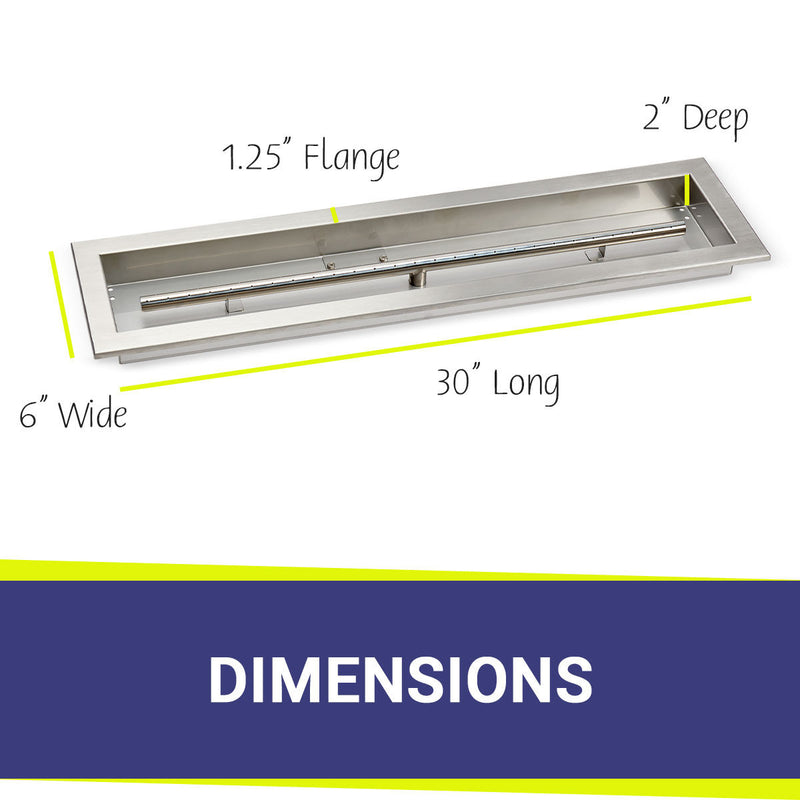 Load image into Gallery viewer, American Fire Products 30 x 6 stainless steel linear channel drop-in pan with built-in stainless steel T-burner dimensions
