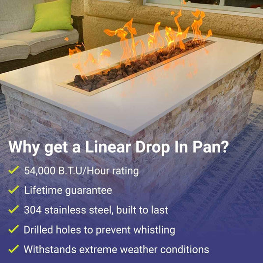 American Fire Products 30 x 6 inch stainless steel linear drop-in fire pit pan featuring 54,000 BTU maximum heat output, 304 stainless steel construction, drilled burner holes, lifetime guarantee, and weather-resistant performance.