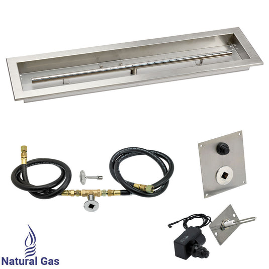 American Fire Products 30 x 6 inch stainless steel linear drop-in pan with natural gas spark ignition kit, built-in T-burner, gas hoses, and chrome key valve for outdoor fire pits
