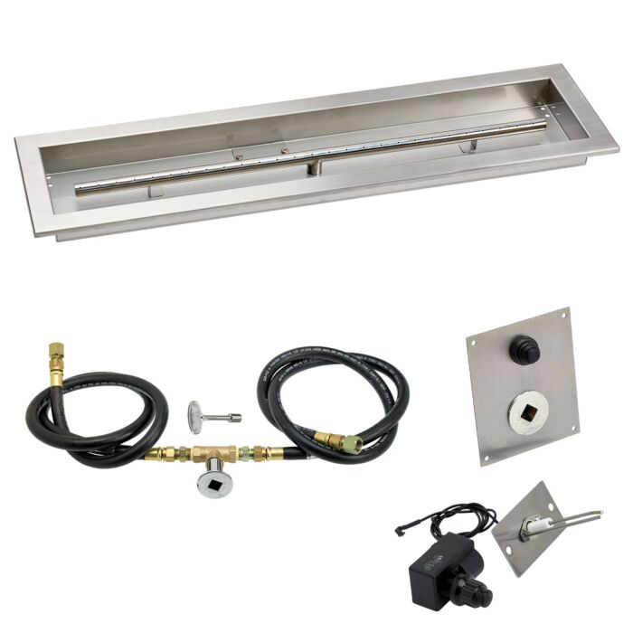 Load image into Gallery viewer, American Fire Products 30 x 6 inch stainless steel linear drop-in pan with natural gas spark ignition kit, built-in T-burner, gas hoses, and chrome key valve for outdoor fire pits
