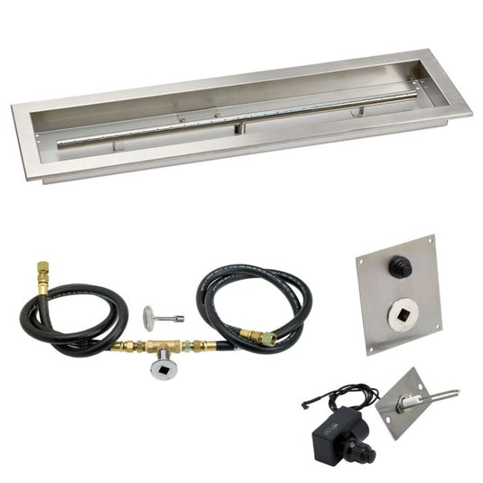 American Fire Products 30 x 6 inch stainless steel linear drop-in pan with natural gas spark ignition kit, built-in T-burner, gas hoses, and chrome key valve for outdoor fire pits