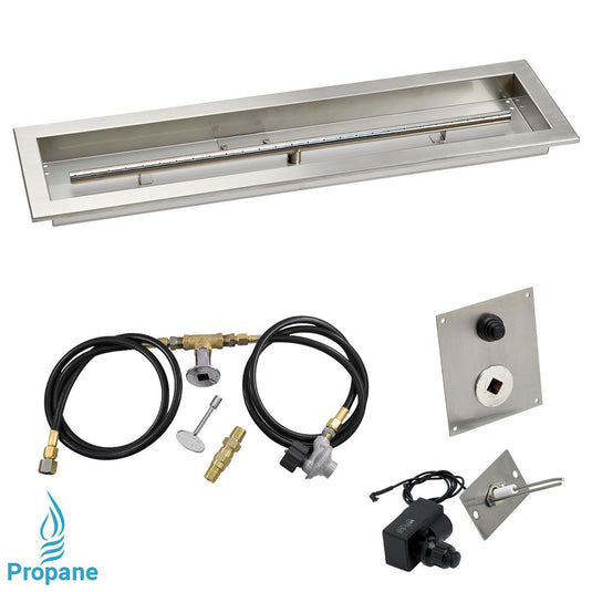American Fire Products 30 x 6 inch linear stainless steel drop-in pan with spark ignition kit propane featuring built-in T-burner regulator air mixer gas hoses and chrome key valve for outdoor fire pits