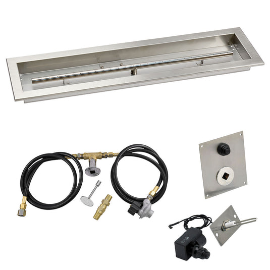 American Fire Products 30 x 6 inch linear stainless steel drop-in pan with spark ignition kit propane featuring built-in T-burner regulator air mixer gas hoses and chrome key valve for outdoor fire pits