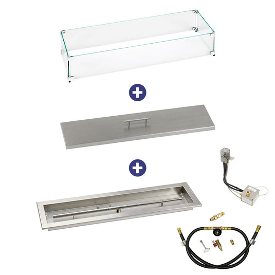 American Fire Products 30 inch by 6 inch stainless steel linear drop-in fire pit pan with AWEIS whole house propane ignition system bundle