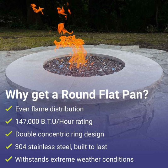 American Fire Products 36 & 30 & 24 inch round stainless steel flat fire pit pan with 18 inch fire ring featuring even flame distribution, 147000 BTU maximum heat output, double concentric ring design, 304 stainless steel construction, and weather-resistant performance.