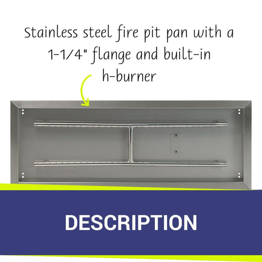 American Fire Products 36 inch by 12 inch stainless steel rectangular fire pit pan with a 1-1/4 inch flange and built-in H-burner