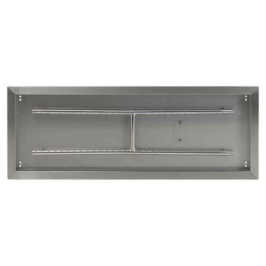 Top view of American Fire Products 36 inch by 12 inch stainless steel rectangular drop-in fire pit pan with built-in H-burner