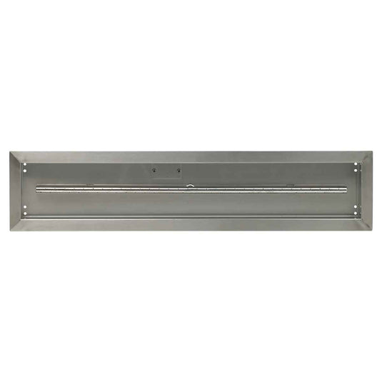 Top view of the American Fire Products 36 inch by 6 inch stainless steel linear drop-in fire pit pan with built-in T-burner