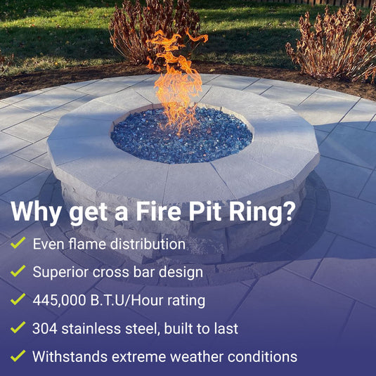 American Fire Products 36 inch fire pit ring featuring 304 stainless steel construction, cross bar design, even flame distribution, and 445000 BTU maximum heat output