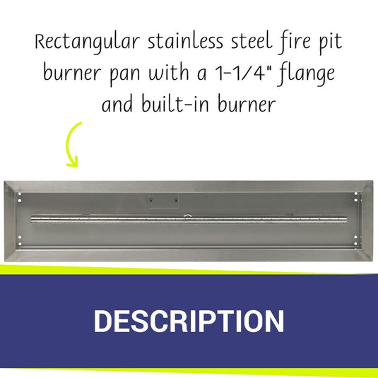 American Fire Products 36 inch by 6 inch rectangular stainless steel fire pit burner pan with a 1-1/4 inch flange and built-in T-burner