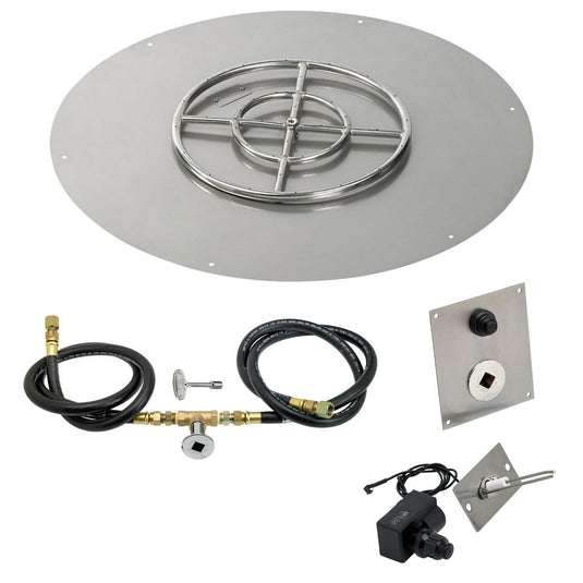 American Fire Products 36 inch round flat stainless steel fire pit pan with 18 inch ring burner and natural gas spark ignition kit for outdoor fire pit system