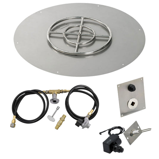 American Fire Products 36 inch round flat stainless steel fire pit pan with 18 inch ring burner and propane spark ignition kit outdoor fire pit system