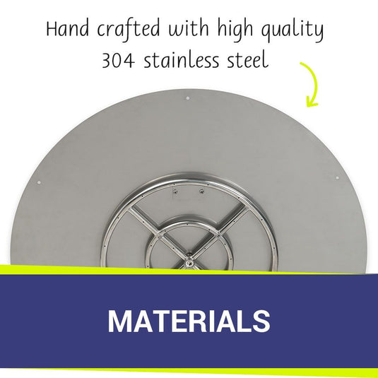 American Fire Products 36 inch round stainless steel flat pan with 18 inch fire ring highlighting handcrafted 304 stainless steel construction for long-lasting durability and performance.