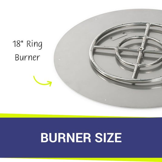 American Fire Products 36 inch round stainless steel flat fire pit pan highlighting the included 18 inch fire ring burner size.