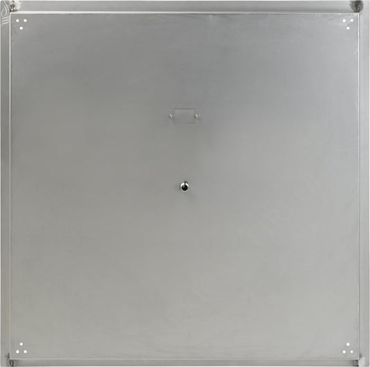 Bottom view of the American Fire Products 36 inch stainless steel square drop-in fire pit pan showing built-in 1/2 inch bottom gas inlet