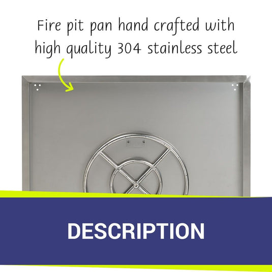 American Fire Products 36 inch stainless steel square drop-in fire pit pan with 18 inch fire ring, handcrafted from high quality 304 stainless steel