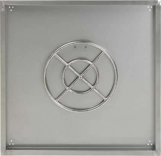 Top view of the American Fire Products 36 inch stainless steel square drop-in fire pit pan with included 18 inch fire ring burner
