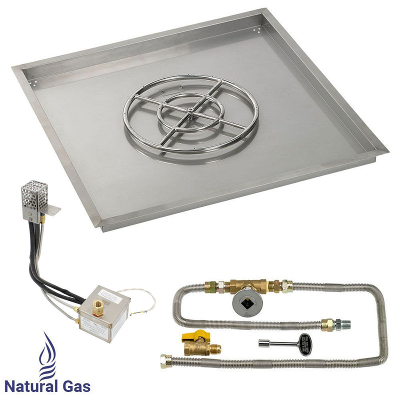 Load image into Gallery viewer, American Fire Products 36 inch square stainless steel drop-in pan with 18 inch ring burner and AWEIS natural gas ignition system for outdoor fire pits
