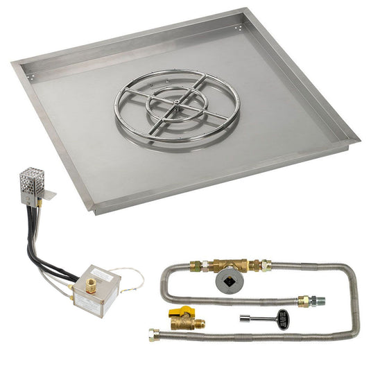 American Fire Products 36 inch square stainless steel drop-in pan with 18 inch ring burner and AWEIS natural gas ignition system for outdoor fire pits