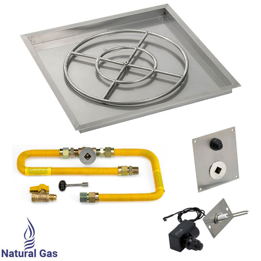 American Fire Products 36 inch square stainless steel drop-in fire pit pan with 24 inch fire pit ring burner and natural gas spark ignition kit