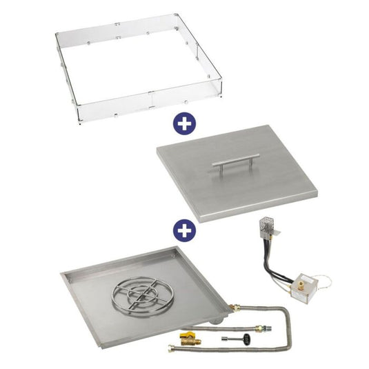 American Fire Products 36 inch square stainless steel drop-in fire pit pan with 18 inch ring burner AWEIS electronic ignition system natural gas bundle with flame guard and cover
